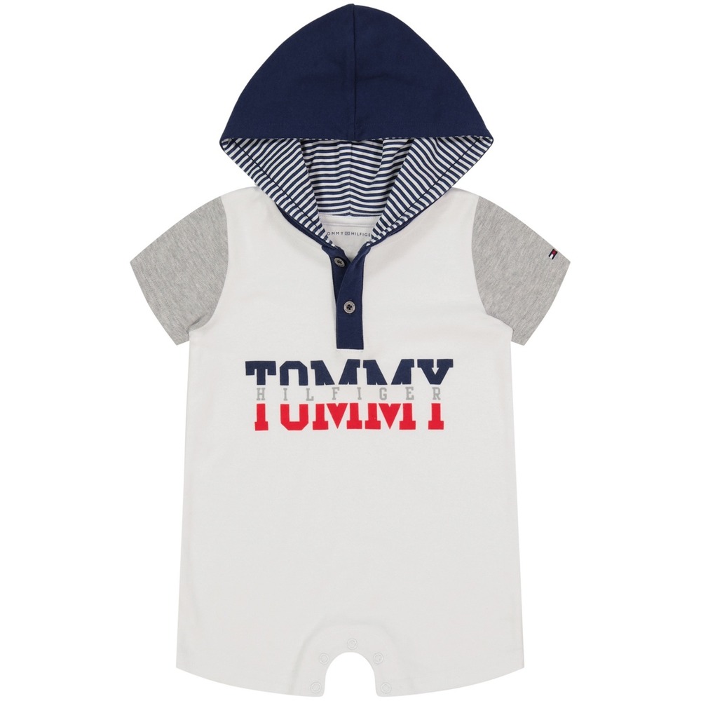 Tommy Hilfiger Baby Boys Signature Short Sleeve Hooded Henley Romper - White